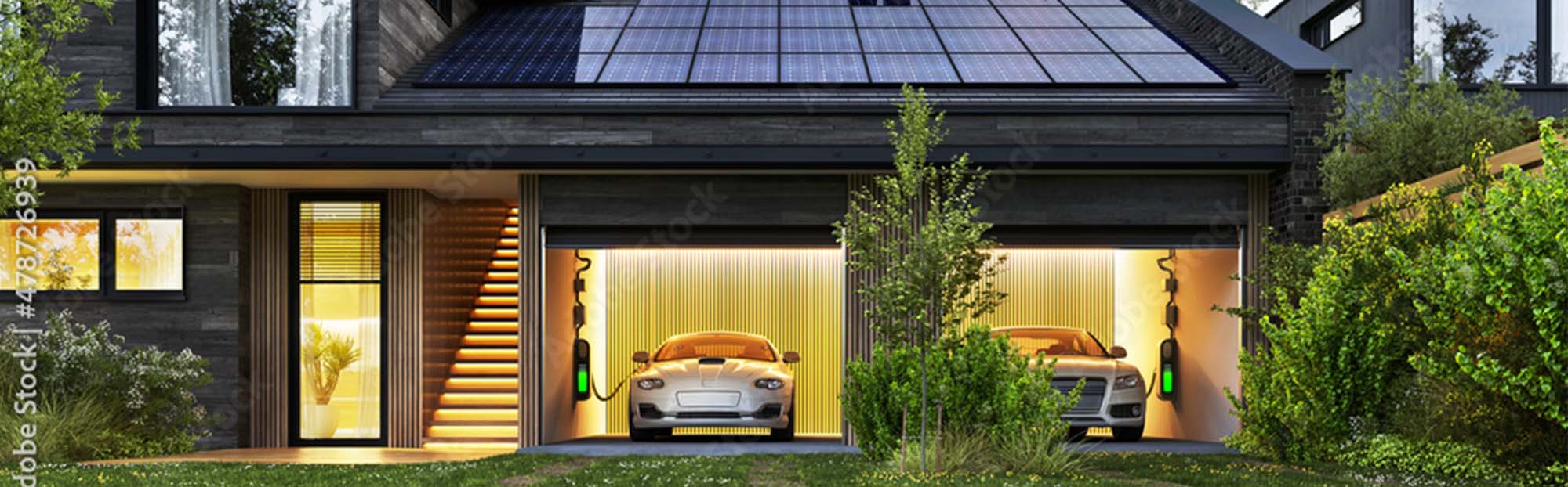 electric cars charging in house with solar panels