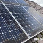 Solar panels before cleaning, showing accumulated dirt and reduced efficiency.